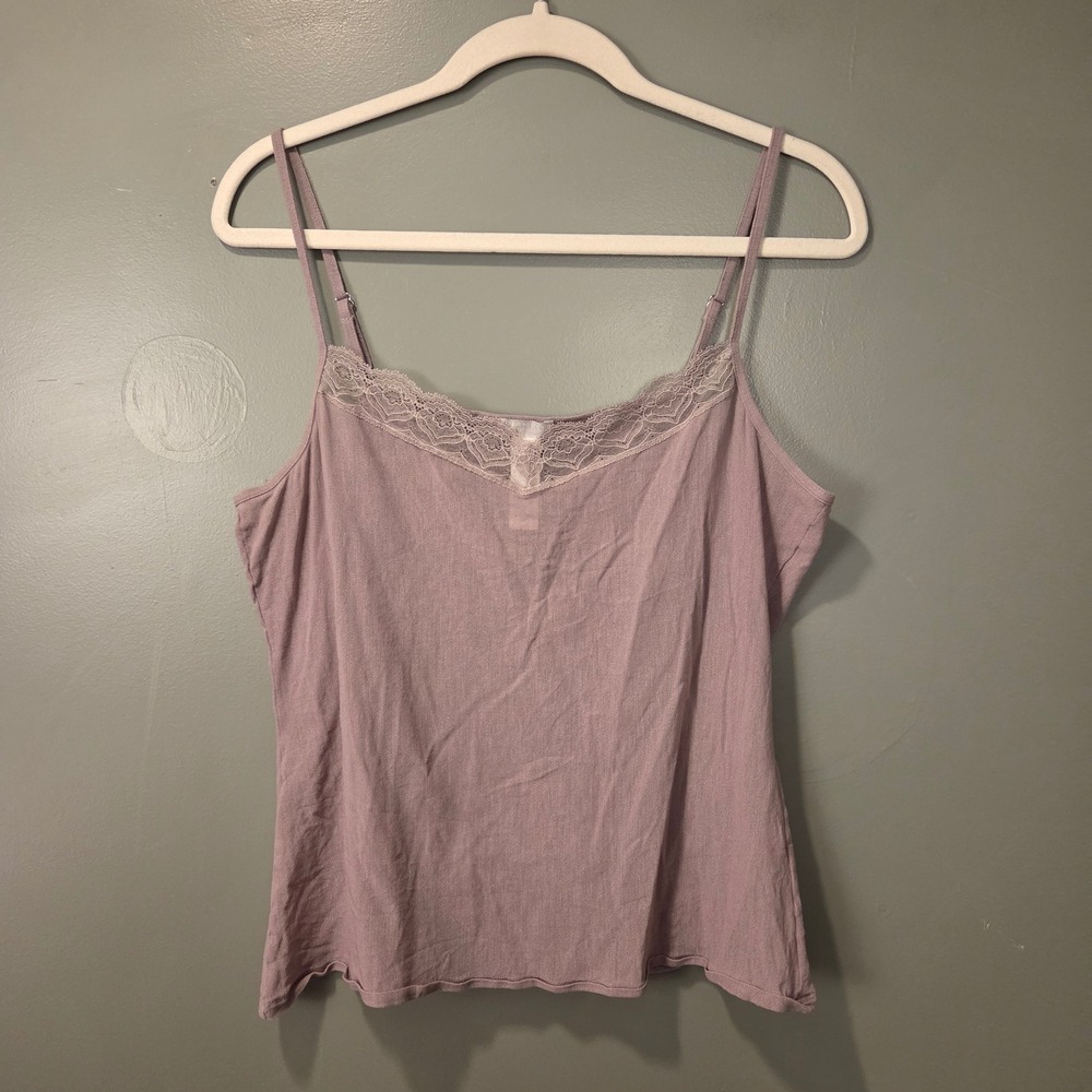 Hanro of Switzerland Lace Trim Mesh Camisole Women's Size L Sheer Taupe Lavender